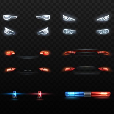 Vector illustration of car lights set of realistic headlight and compositions with siren light on black transparent background